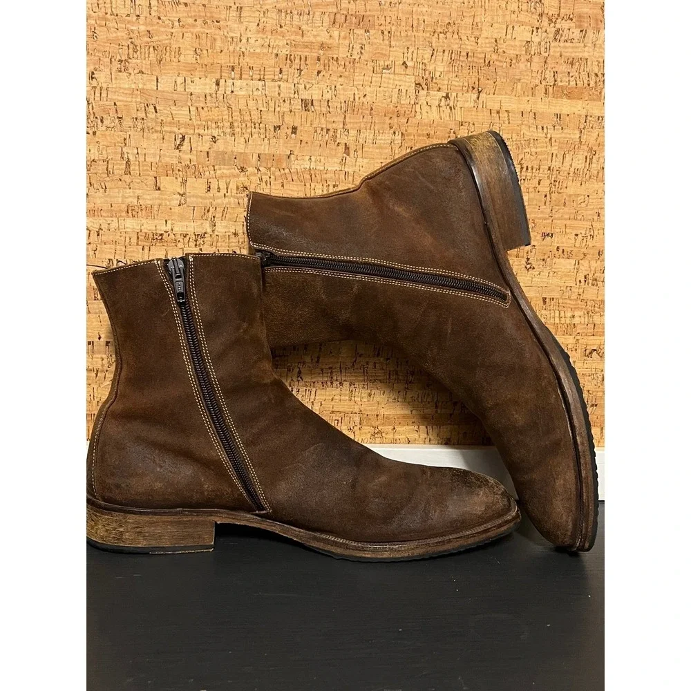 Gordon Rush Made In‎ Italy Distressed Brown Leather Side Zip Moto Boots Men 10